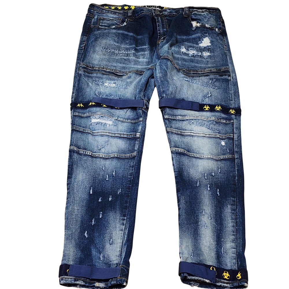 Decibel Jeans Mens 42x33 Blue Straight Distressed Biohazard Cuffed Denim Pants